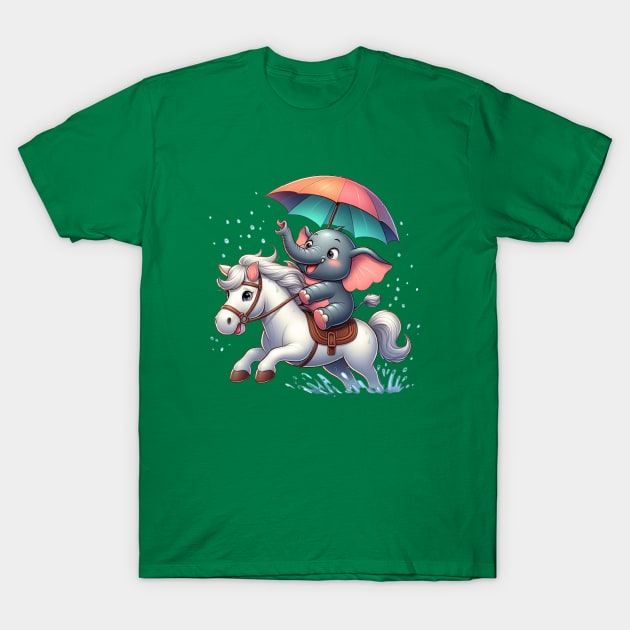 Little elephant carrying an umbrella riding a horse T-Shirt by Wowcool